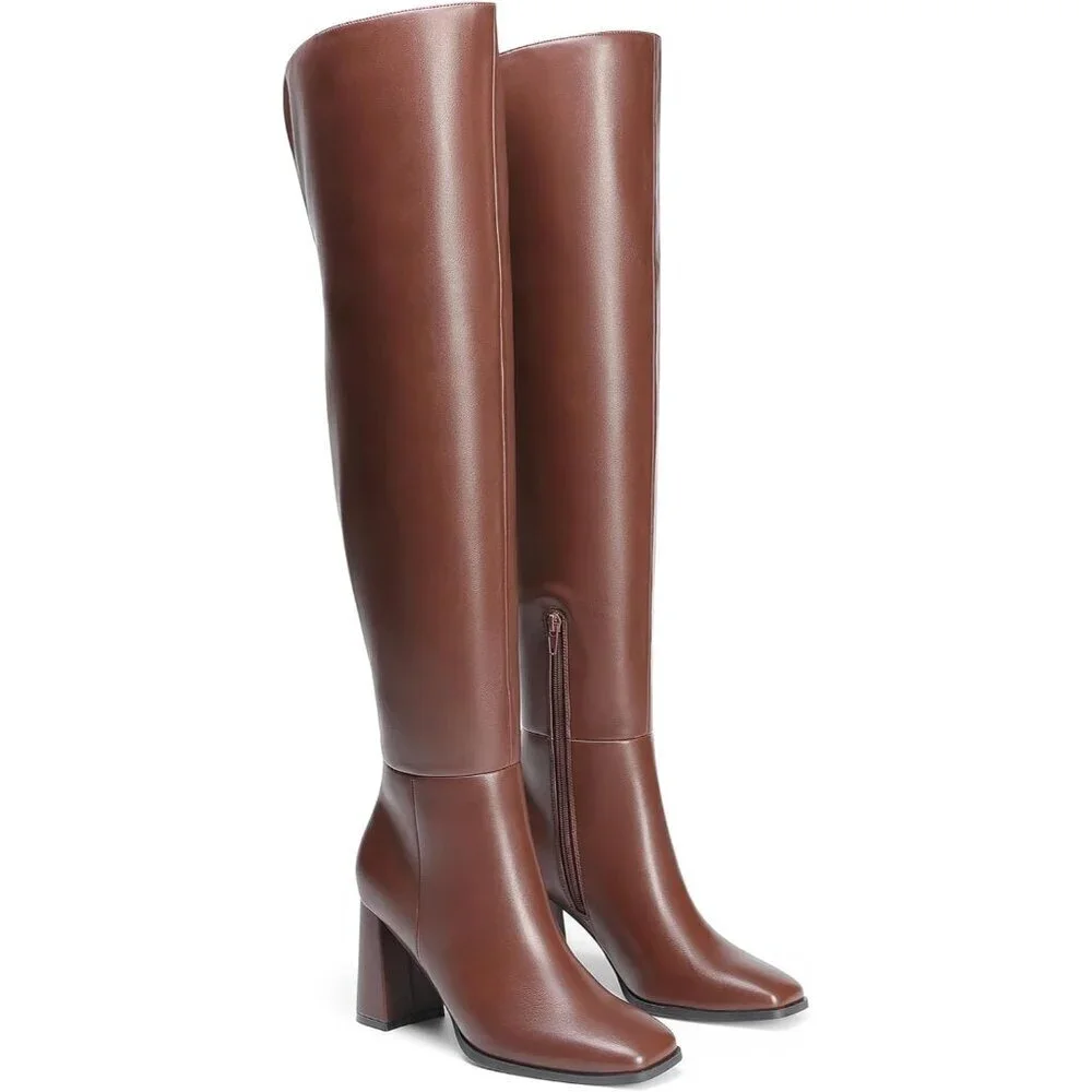 Women's Brown Faux Leather Thigh High Block Chunky Heeled Knee High Long Boots